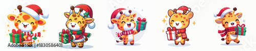 cute gireffe character vector in Christmas clothes carrying gifts