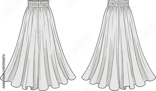 Elegant long flared skirt fashion illustration with gathered elastic waistband, flowing silhouette, detailed pleats, front and back technical vector design.