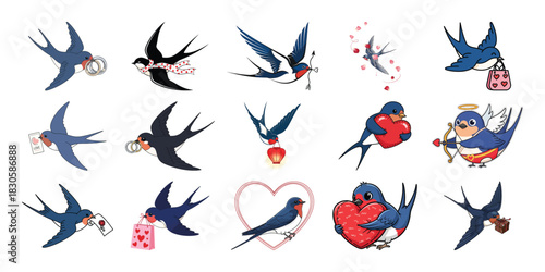Collection of vintage swallow tattoo designs with hearts and flowers