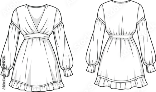 Elegant long sleeve mini dress fashion flat sketch with ruffled hem, wrap front bodice and gathered sleeves in detailed vector illustration.