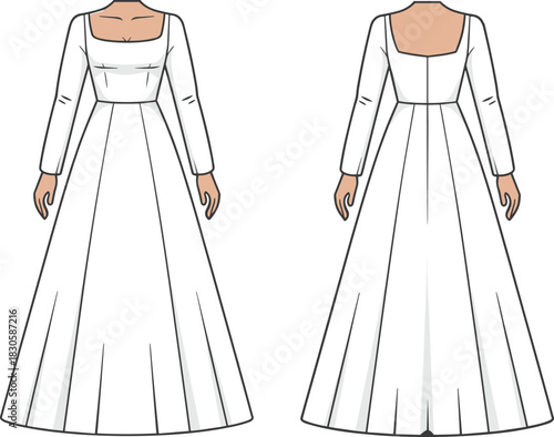 Elegant long-sleeve square-neck bridal gown fashion flat sketch with fitted bodice, flowing A-line silhouette, technical vector illustration for apparel design.