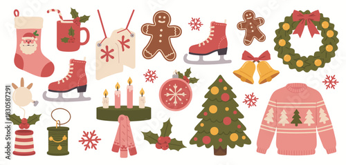 Christmas holiday icons featuring stockings, gingerbread cookies, festive sweaters, ornaments, bells, and other seasonal illustrations