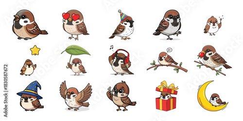 Collection of adorable sparrow bird illustrations in various poses and costumes