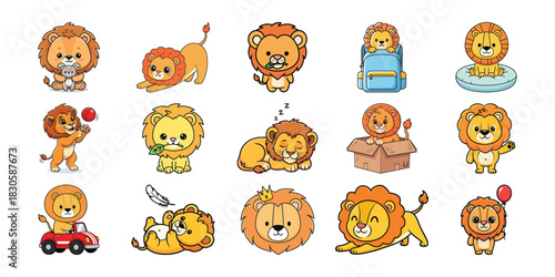 Collection of adorable cartoon lions in various poses and activities on white background