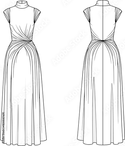 Elegant sleeveless high-neck draped maxi dress fashion flat illustration with twisted waist detailing, flowing skirt design, and clean technical vector lines.
