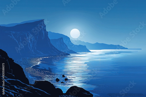 Full moon rising over a tranquil ocean with cliffs in the foreground