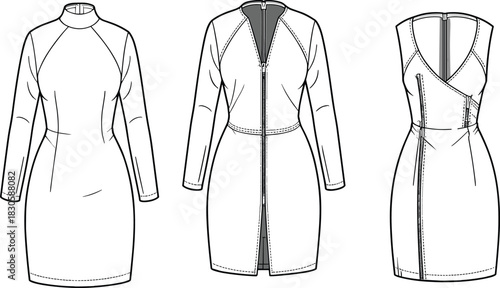 Elegant technical fashion flat sketch set featuring modern women’s dresses with detailed seams, zippers, silhouettes, construction lines, and professional garment design elements.