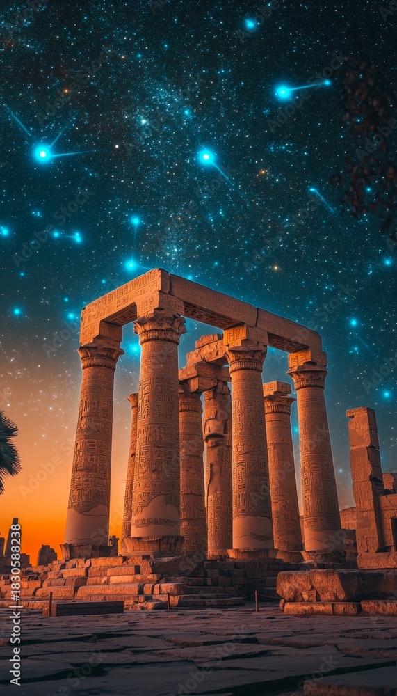 Fototapeta premium Majestic Columns Rise Under a Starry Sky at Karnak Temple, Luxor, Egypt - A Nighttime Wonder