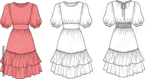 Elegant tiered ruffle dress fashion flat sketch featuring puff sleeves, cinched waist, front and back technical views in detailed vector illustration.