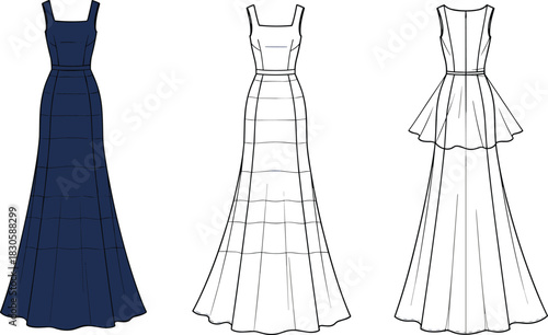 Elegant sleeveless evening gown fashion flat illustration showcasing front and back views with fitted bodice, flared skirt, and refined vector detailing.