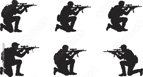 Silhouette tactical personnel in kneeling positions holding equipment, illustrating military training, strategy, security concept, teamwork and professional readiness on white background