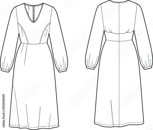 Elegant women’s midi dress fashion flat sketch featuring long sleeves, shaped bodice seams, fitted waist, and technical vector apparel illustration design.