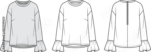 Fashion flat sketch of long-sleeve ruffle cuff blouse with back zipper detailing, showcasing professional garment technical drawing for apparel design use.
