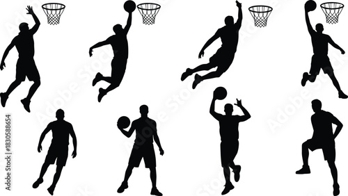 Silhouette basketball players performing dynamic dunks, jumps, dribbling, posing, and athletic actions isolated on white background for sports design and graphics