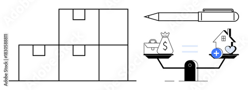 Business decision-making concept. Visualizing balance between financial priorities and resources with boxes, scale, money, and house symbols. For logistics, finance, trade, and management