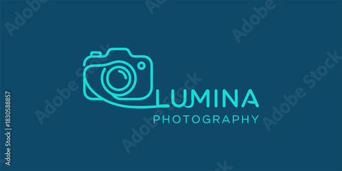 Lumina Photography Logo Design with Camera Icon and Cyan Text on Dark Blue Background