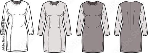 Long sleeve fitted mini dress fashion flat sketch showing multiple color variations with technical seam details in clean vector apparel illustration style.
