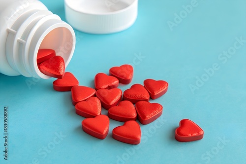 Heartfelt Remedy: Red heart-shaped pills spill from an open white bottle onto a light blue surface, representing care. A simple yet poignant image reflecting love and health.