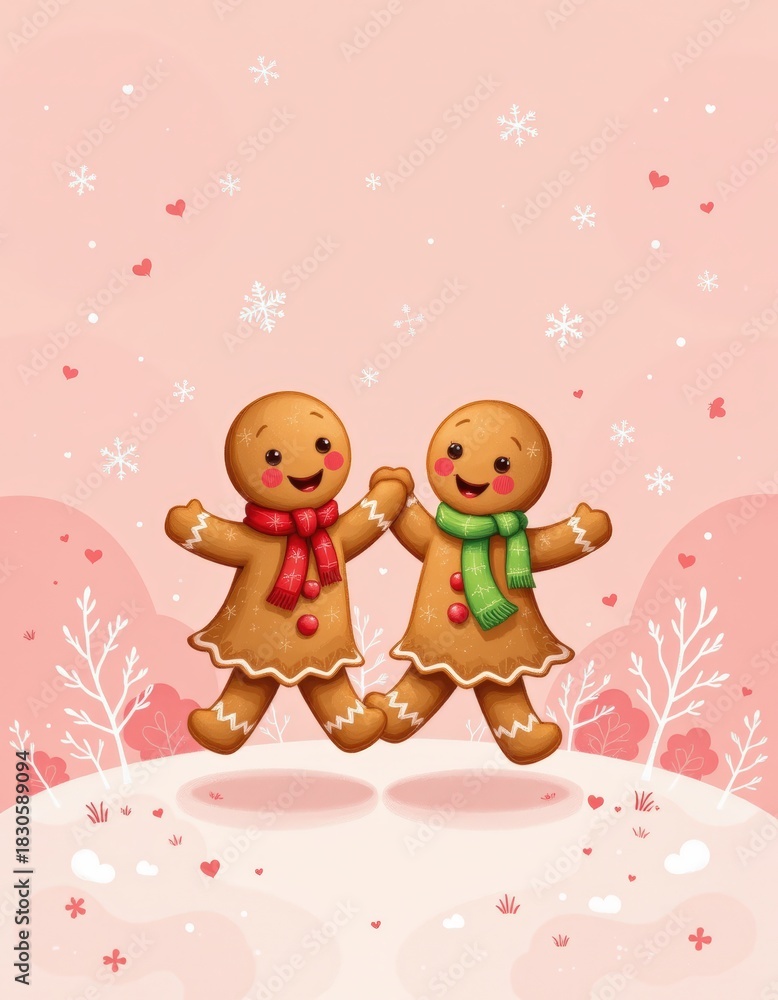 Naklejka premium A vertical illustration of two happy gingerbread friends dancing at the bottom of a pastel backgroun