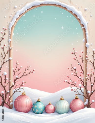 A vertical cute Christmas scene with round ornaments illustrated in soft pastel pink and mint colors