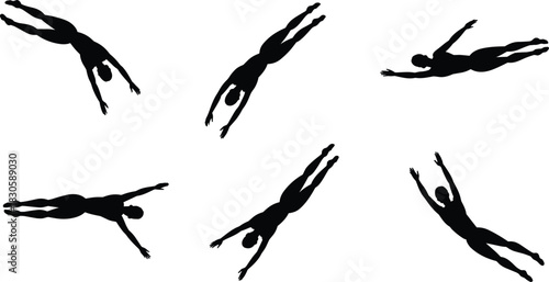 Dynamic swimmer silhouette collection showing freestyle diving motions, athletic water movement poses for creative design, sports illustration projects and training visuals