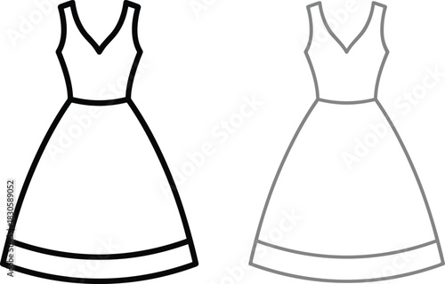Minimal women’s dress outline vector illustration featuring simple sleeveless design, flared skirt shape, clean monochrome style useful for fashion branding graphics.