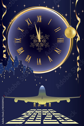 2026 New Year's card. the clock shows the onset of the new year. The plane takes off in the new year, golden balls. gold serpentine. clocks, decorative holiday decorations.