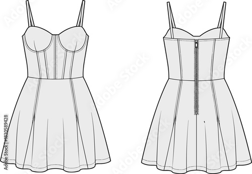 Technical flat fashion vector illustration of women’s fitted corset mini dress with structured bodice, flared skirt, adjustable straps, and detailed back zipper.