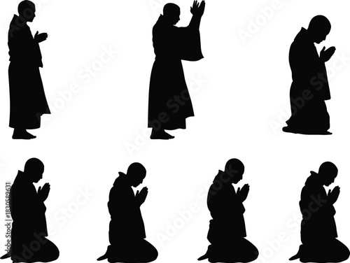 Silhouette monk prayer poses, spiritual meditation and religious devotion set, kneeling and standing worship actions for cultural, spiritual, and inspirational design projects