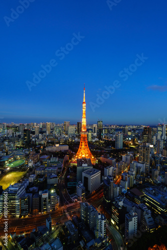 Panoramic night view of Tokyo Tower illuminated above the city skyline