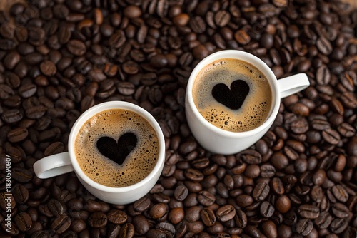 Caffeine Cupid: Two mugs of espresso artfully crafted with heart shapes, rest amid a rich bed of roasted coffee beans, a celebration of warmth and affection.