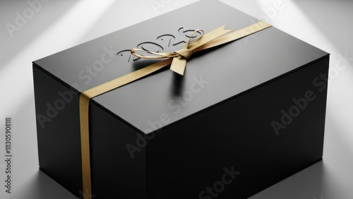 Elegant black gift box with golden ribbon and 2023 embossed design perfect for celebration