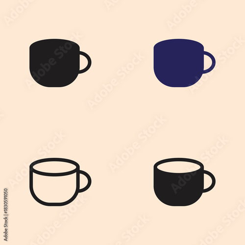 Four minimalist coffee tea cup icons set in various styles and colors graphic