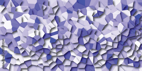 Abstract mosaic pattern of irregular polygons in shades of purple and white, with a distinct 3D effect and shadow casting, offering a vibrant and textured visual backdrop