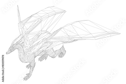 Polygonal dragon wireframe illustration composed of geometric shapes and clean lines. This intricate low poly design features a detailed creature silhouette on plain white background.