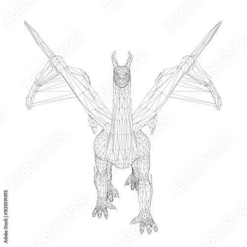 A detailed wireframe dragon model with spread wings, realistic 3D structure, and intricate details against a plain white background.