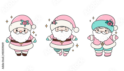 Cute Santa Set on Transparent Background – Kawaii Christmas Characters – Illustration Vector. Adorable kawaii Santa trio in pastel tones - perfect for stickers, kids products, cards, planners ...
