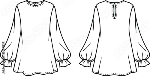 Elegant women’s blouse fashion flat sketch featuring long puff sleeves, gathered cuffs, back keyhole detail, flowing silhouette, and professional garment illustration design.