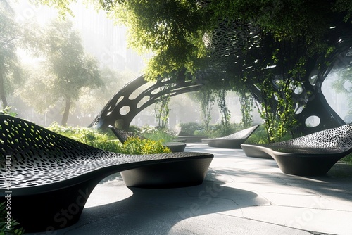 Urban park blends benches with trees for a peaceful escape