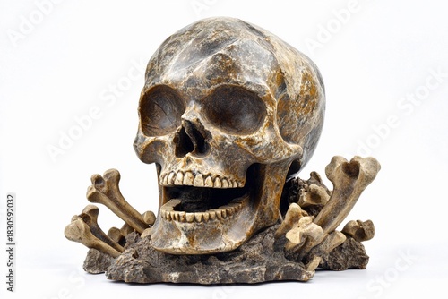 Skull carved from stone with crossbones design in a minimalistic setting