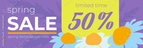 Spring sale with 50 percent discount on purple and yellow banner. Limited time special offer for spring items. Seasonal promotion.