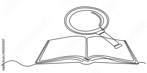 Continuous line drawing of book and magnifying glass, vector illustration, one line, Continuous one line drawing of book and magnifying glass, Vector of searching and education learning, positioned.