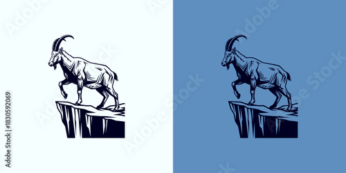 Mountain Ibex On Cliff Edge, Bold Vector Graphic Design For Adventure And Resilience