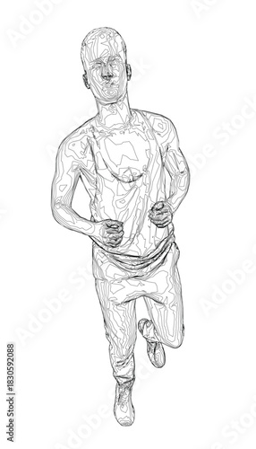A determined man runs with outstretched arms in a black and white contour sketch. He wears a t-shirt and shorts on a plain white background.