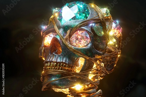 Glowing gemstone skull resting on dark surface with intricate details