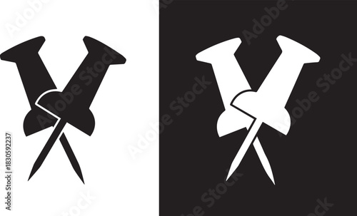 Black and White Push Pins Vector Graphic of Intersecting Stationery Items on Contrasting Backgrounds