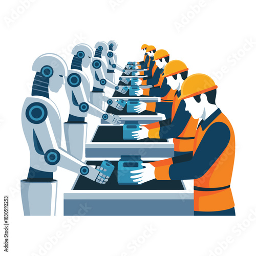 Robots and workers on assembly line passing blue containers factory.