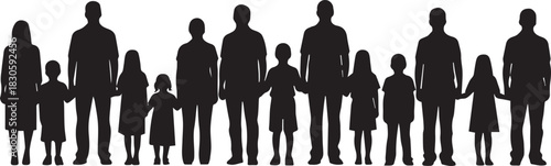 Family group of people of different ages and sizes standing together in a row, silhouette illustration