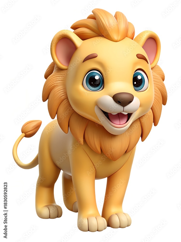 Fototapeta premium Adorable cartoon lion cub standing and smiling on a white background