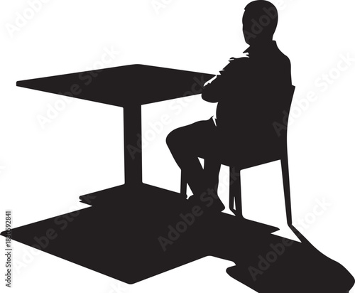 Silhouette of a person sitting at a table casting a long shadow on a white background